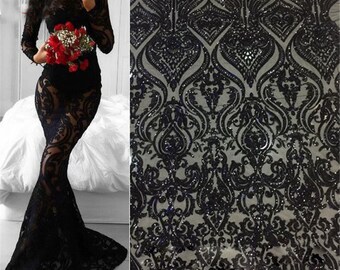 Black Sequin Vintage Floral Lace Fabric Stunning Champagne Sequined Lace Mesh Fabric Wedding Lace Fabric for Bridal Gown Evening Dress