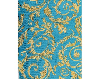 Luxury Turquoise & Gold Brocade Fabric by Yard, Renaissance Damask Jacquard for Upholstery, Costume, Drapery. Silk Metallic Thread