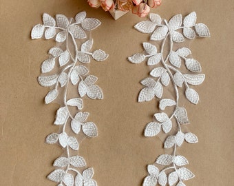 White Sewing Applique Forest Leaves Lace Motif Trims Embroidery Vine Decorative Patches For Craft Projects Lyrical Gown 1 Pair