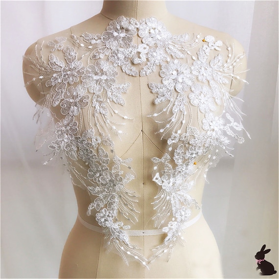 Lace Applique Sew-on Patch - White Beaded Trim For Wedding Dresses, Veils & Clothing Decoration