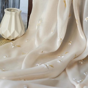Chiffon Tulle Lace Fabric Flower Embroidery With Flocking Soft Cream Floral Fabric for Bridal Wedding Fabric Skirt Fabric Headband 59&quot; width