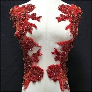 Red Heavily Crystal Flower Patches Rhinestone Applique Embroidery Beaded Sewing Appliques for Bridal Gown Evening Bodice By 2 Pc
