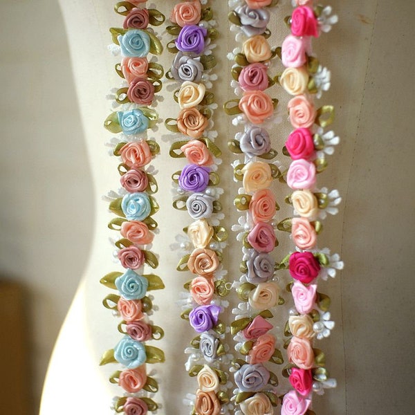 3D Flower Trim 3D Rose Ribbon Blossom Fringe Fringe Sold by yard Flower Trim for Dress Hem, DIY Craft Projects Cuff, Lace Collar