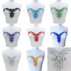 Sparkling Rhinestone Neckline Trims Beaded Sequin Bodice Appliques Design for Bridal Dress Evening Gown