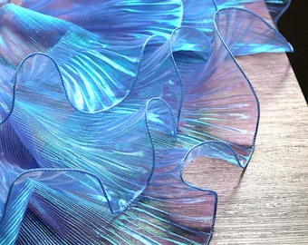 Iridescent Pleated Organza Ruffle Trim Shiny Blue Metallic Ribbon for Bridal Gown, DIY Sewing, Cosplay Costumes & Craft Supplies By The Yard