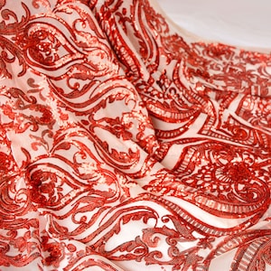 Vintage Floral Lace Fabric Stunning Red Sequined Lace Mesh Fabric Wedding Lace Fabric for Bridal Gown Evening Dress By 1 Yard