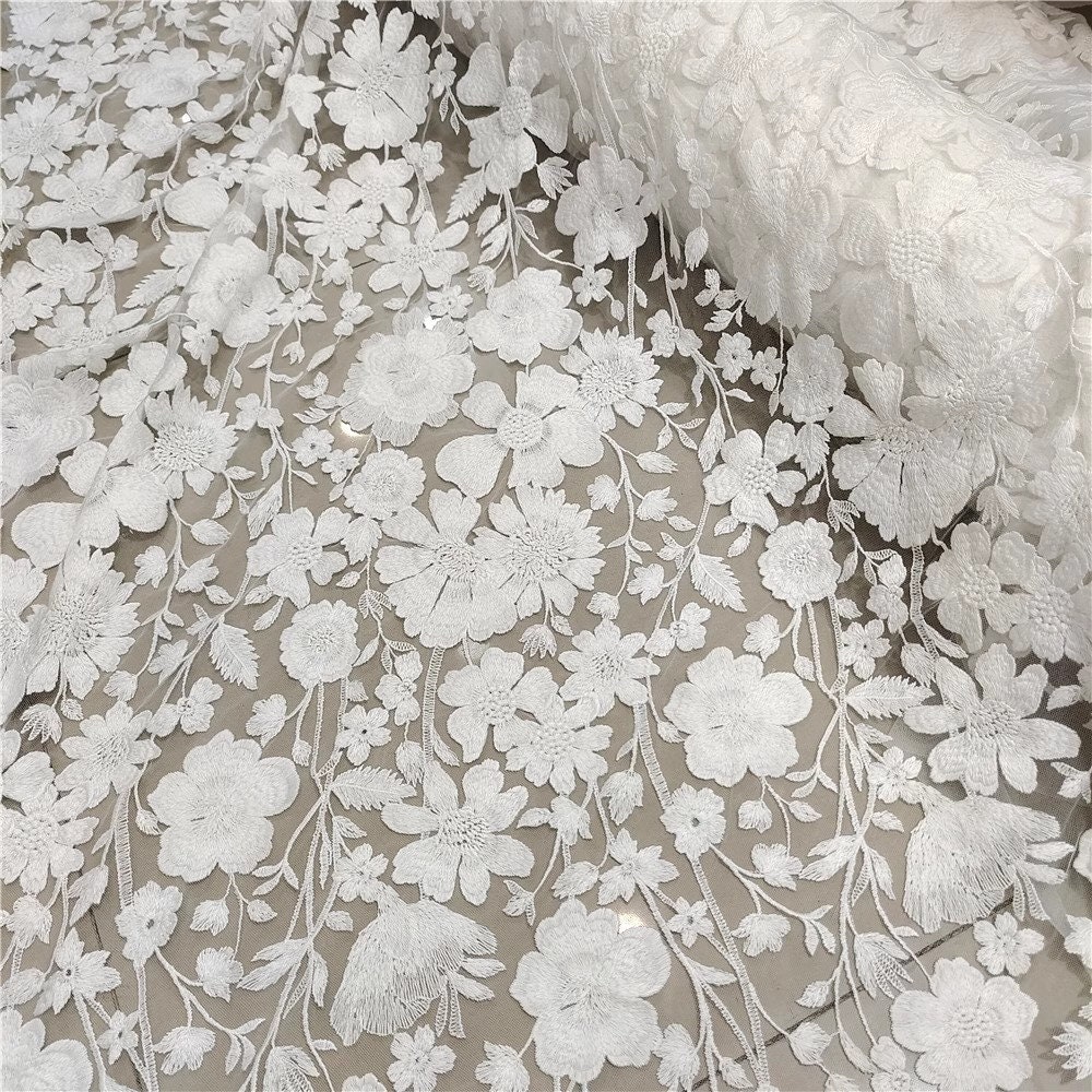 Off White Elegant Flower Lace Fabric Flower Embroidery Floral Soft