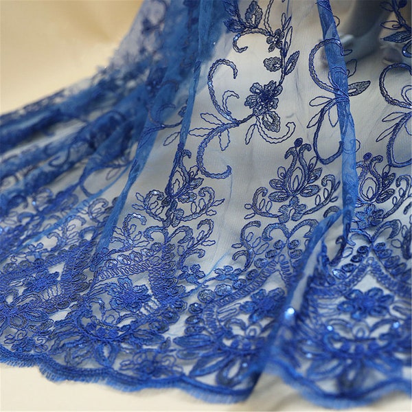 Blue Corded Embroidery Flower Vintage Lace Fabric Sequins Fabric Embroidery Floral lace Mesh for Bridal Wedding Dress By 0.5 yard