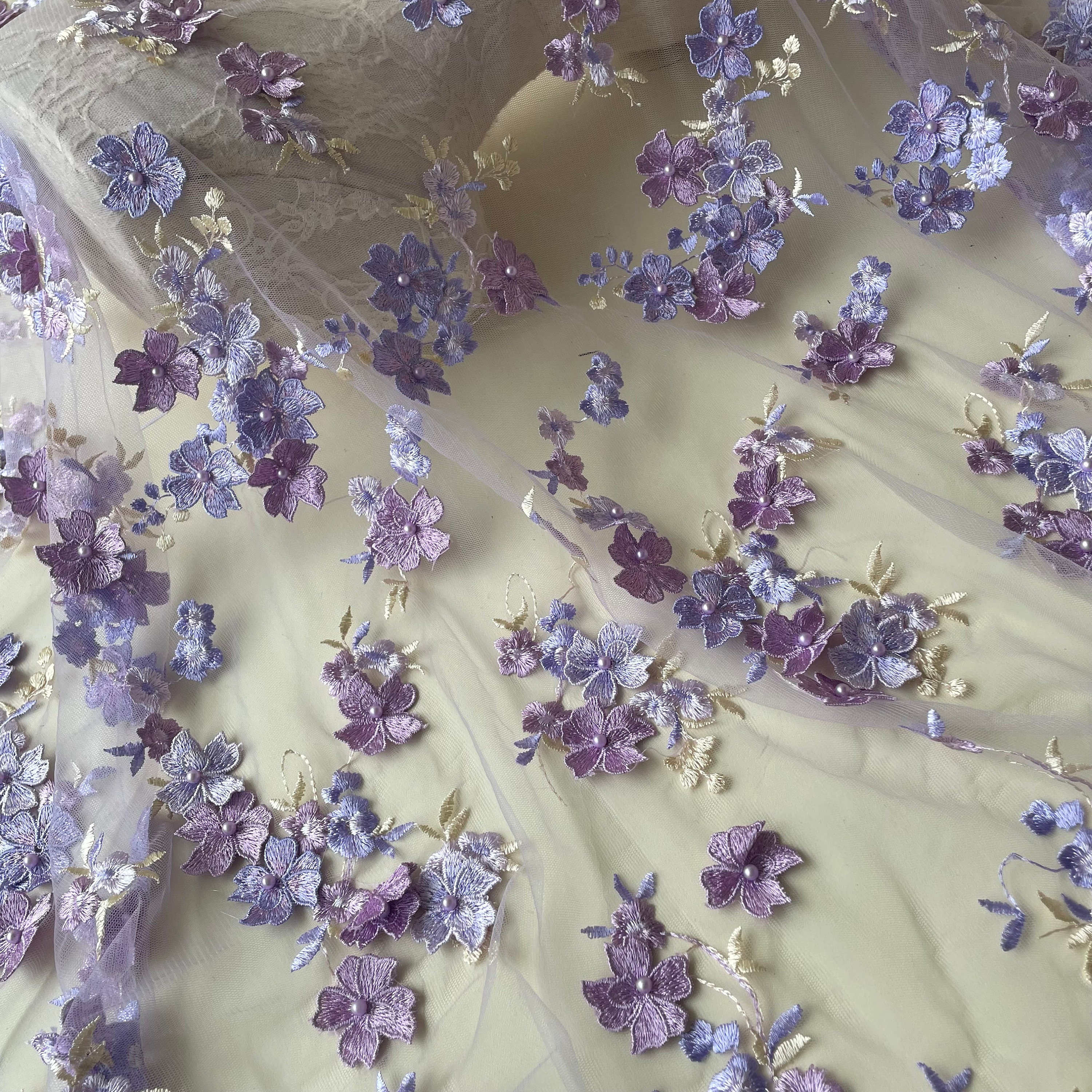 Purple 3D Embroidery Flower Scalloped Edge Blossom With Beaded Lace Fabric Lace Mesh for Bridal Gown Wedding Dress 49 inch Width