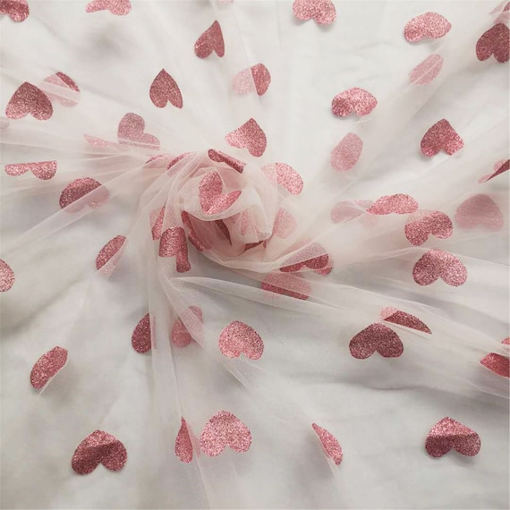 Glitter Pink Heart Tulle Lace Fabric Soft Mesh Constellation