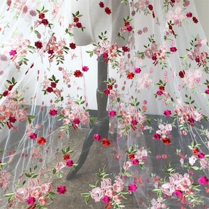 Peach Blossom Costume Lace Tulle Embroidery Floral Fall Lace Fabric for Prom Dress Lyrical Dance Costumes 53 inches Width Sold by 1 yard