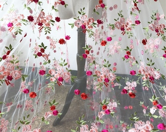 Peach Blossom Costume Lace Tulle Embroidery Floral Fall Lace Fabric for Prom Dress Lyrical Dance Costumes 53 inches Width Sold by 1 yard