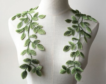 Apliques de costura verde, adornos con motivos de encaje de hojas de bosque, parches decorativos de vid bordados para proyectos artesanales, vestido lírico, 1 par