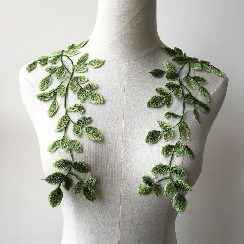 Zielona aplikacja do szycia liście leśne koronkowe wykończenia z motywem haftu winorośli dekoracyjne naszywki na projekty rzemieślnicze liryczna suknia 1 para zdjęcie 1