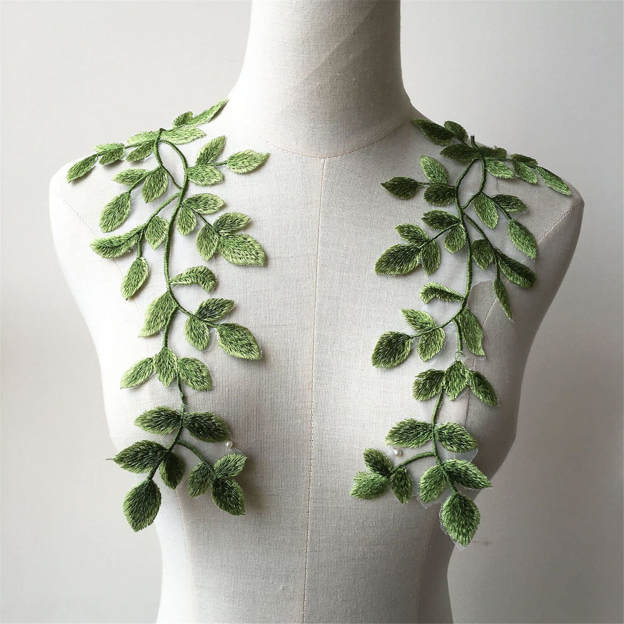 Green Vine Embroidery Lace Applique Motif Forest Leaves Patches