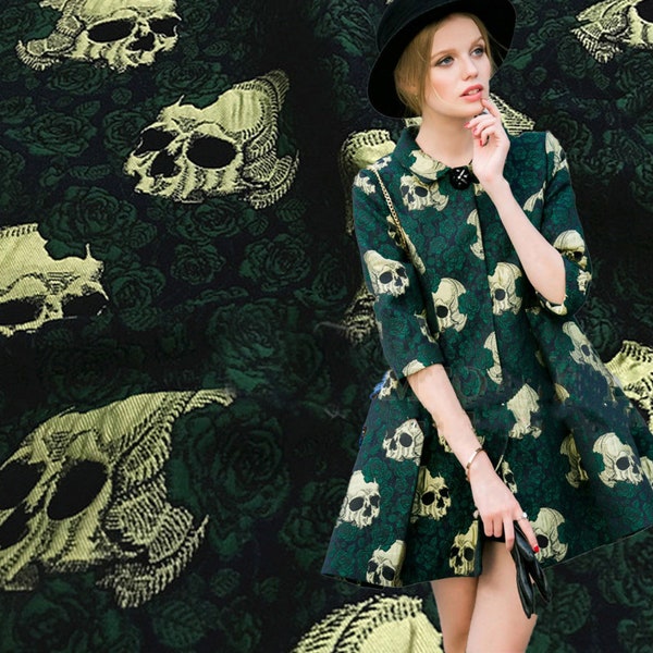 Green Skull And Roses Brocade Fabric Emboss Jacquard Fabric Haute Couture Fabrics For Formal Suit Apparel 55.1 inches Width Sold By Yard