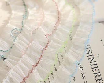 Pleated Organza Lace Trim with Colored Edge, White Ruffled Edging Fabric for Dress Sewing, Doll Clothes, DIY Craft Supplies by Yard