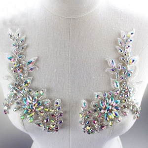 Mirror Pair Rhinestone Applique, AB Rhinestone Beaded Patch, Crystal Addition for Evening Gown, Prom Dress