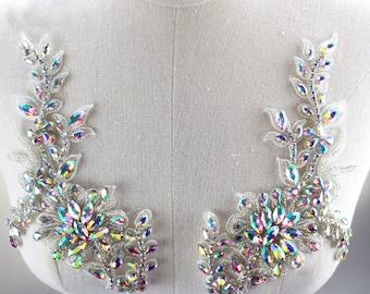 Mirror Pair Rhinestone Applique, AB Rhinestone Beaded Patch, Crystal Addition for Evening Gown, Prom Dress