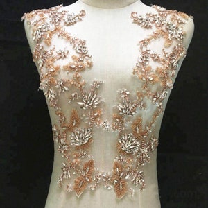 Rose Gold Rhinestone Lace Applique for Evening Gown Crystal Rhinestone Bodice Embellished for Formal Dress Decor 1 Pair