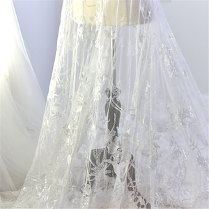 Clear Sequined Lace Fabric Embroidery Flower Sequins Off White Lace Mesh Fabric 51 inches Wide for Bridal Dress Costume Sold By Yard