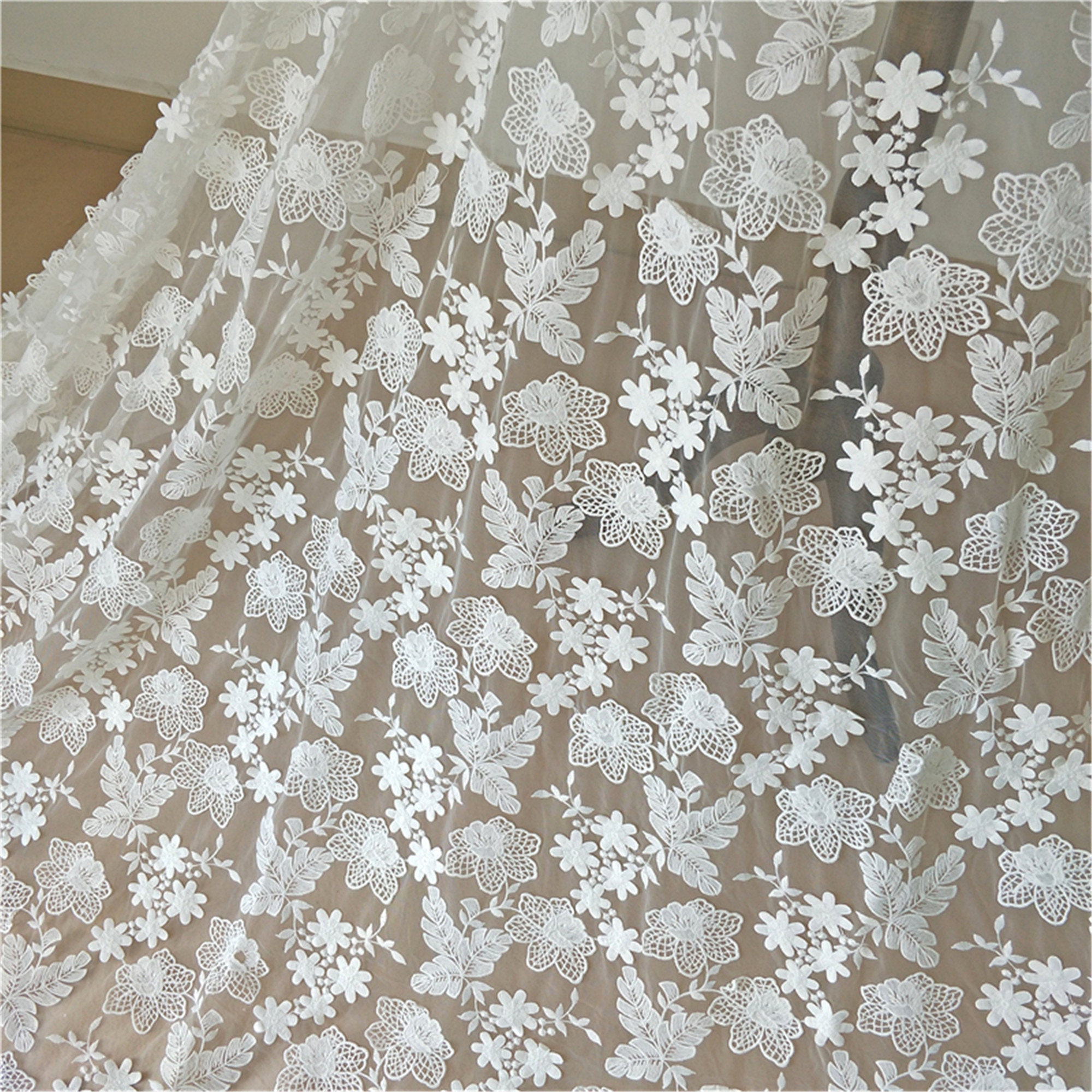 Elegant Ivory 3D Flower Embroidered Lace Fabric Cotton Wedding - Etsy