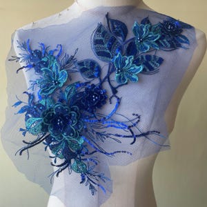 Blue 3D Floral Bead Pearl Lace Applique Sequin  Motif Embroidery Exquisite Flower Patch Delicate Addition for Dance Costume Craft Projects