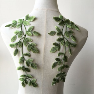 Zielona aplikacja do szycia liście leśne koronkowe wykończenia z motywem haftu winorośli dekoracyjne naszywki na projekty rzemieślnicze liryczna suknia 1 para zdjęcie 2