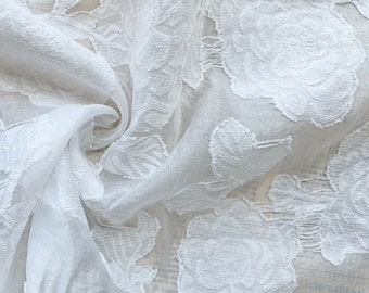 Organza lace fabric Embossed jacquard Rose Flower Embroidery Fabric Off White Fabric for Craft Projects Dress Train Tutu Skirt Dress