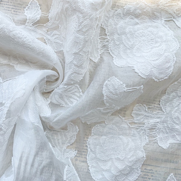 Organza lace fabric Embossed jacquard Rose Flower Embroidery Fabric Off White Fabric for Craft Projects Dress Train Tutu Skirt Dress