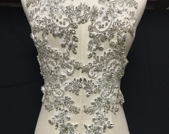 Heavily Crystal Flower Patches Rhinestone Applique Embroidery Beaded Sewing Appliques for Bridal Gown Evening Bodice By 2 Pc