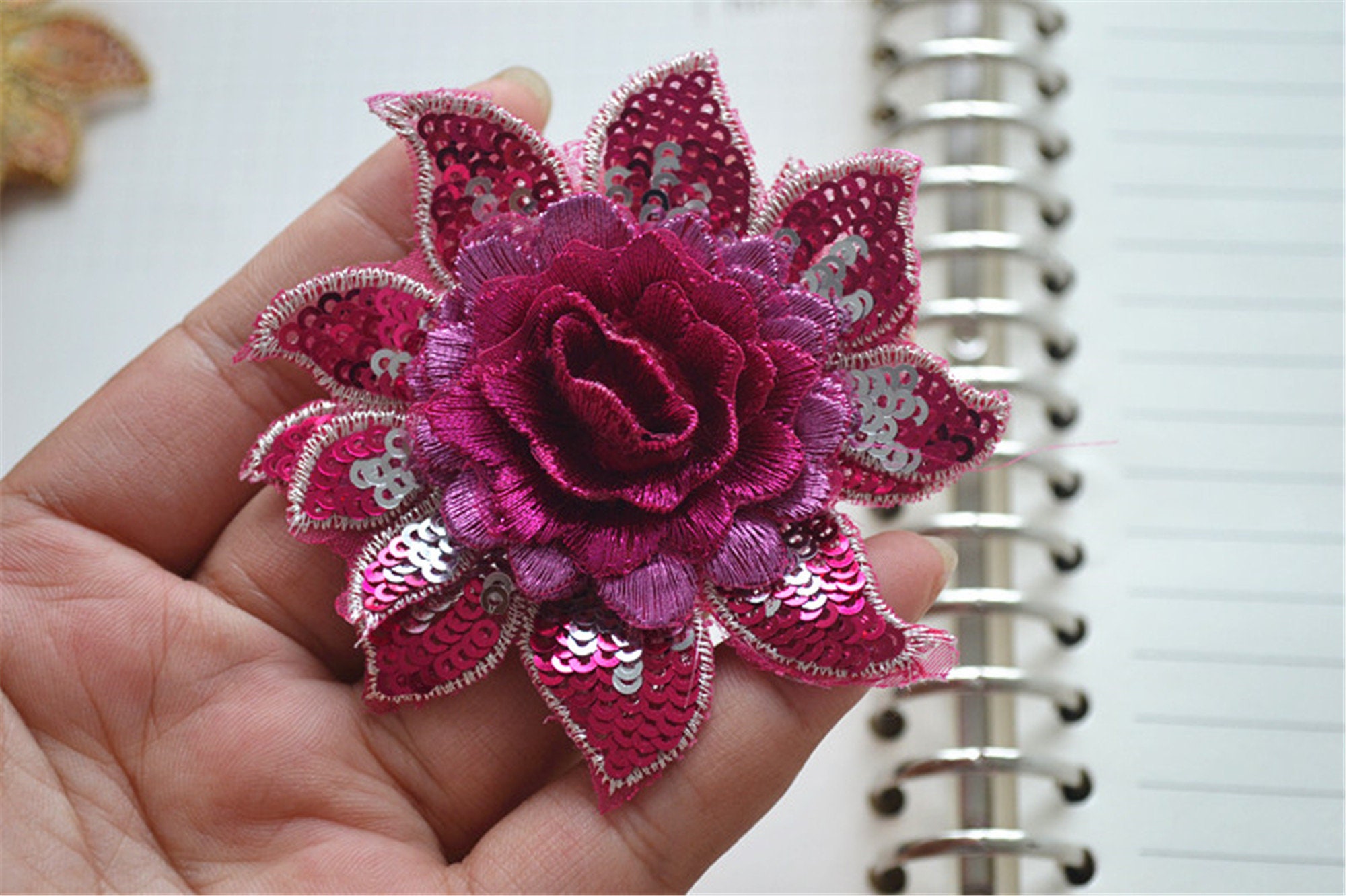 3D Floral Appliqué Tulle Lace with Scattered Sequins & Embroidered Vine Pattern