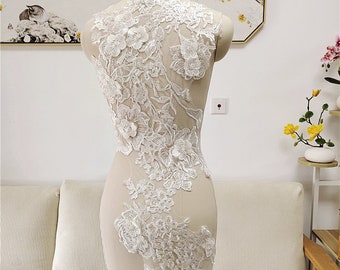 Large Piece 3d Floral Patch Motif Embroideried Flower With Sequins Off -White Lace Appliques Wedding Dresses Bridal Gown Dance Costumes