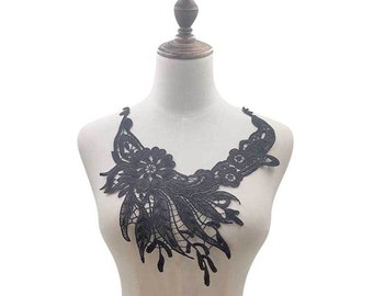 Black Guipure Embroidery Floral V-Neck Applique Appliques Trims Collar Patch for Wedding Dresses Gown Costumes1 Piece