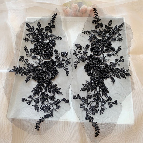 Mirror Pair Beading lace applique Embroidery Flower Lace Patch with Beads Sewing Appliques Lace Trims for Bridal Gown Wedding Dress