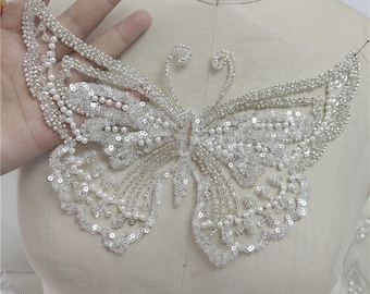 Beaded Delicate Butterfly Patch Motif Embroidery Butterfly Lace Appliques Chic Addition for Wedding Dresses Bridal Gown Dance Costumes