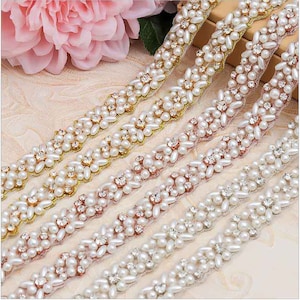 Delicate Pearl Wedding Belt Beaded Crystal Bridal Belt Applique Bridesmaid Sash Belt Trimming Hot Glued for Women Dress