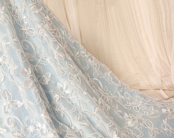 Elegant Flower Corded Embroidery Sequined Lace Fabric Bling Sequins Lace Gauze Bridal Lace Mesh 47 inches Wide for Wedding Dress Gown 0.5 M