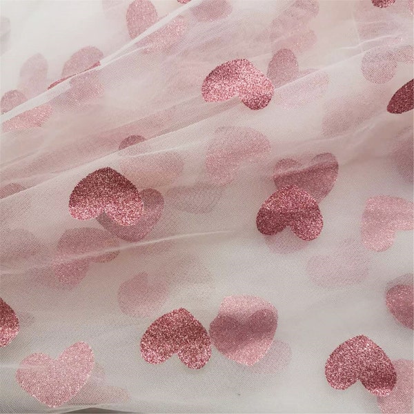 Glitter Pink Heart Tulle lace fabric Soft Mesh Constellation Lace Fabric Soft Tulle Fabric for Craft Projects Dress Train Se vende cortado a medida