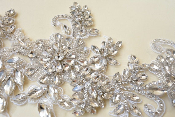 White Rhinestone Lace Applique Patch - Handmade Sew-On Trim For Dresses, Necklines, Clothing Decoration
