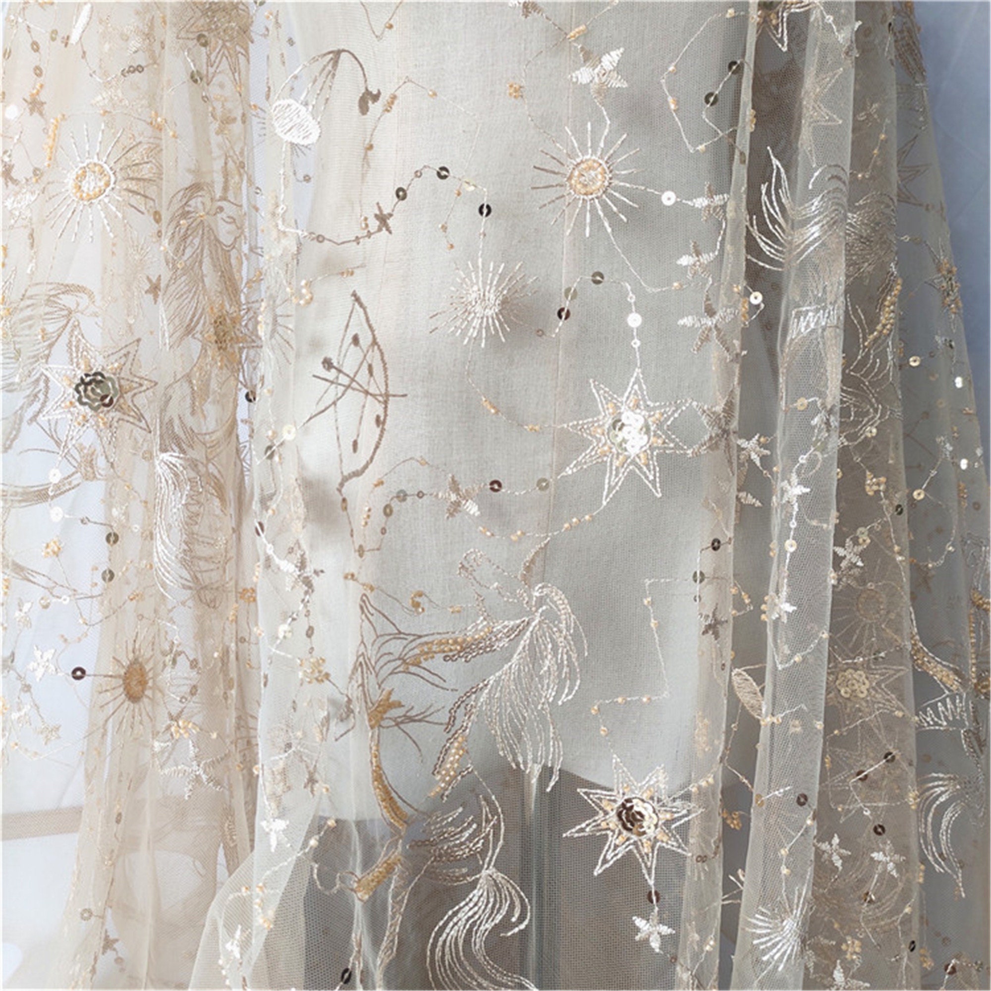Embroidery Unicorn Beaded Sequined Star Embroidery Lace Fabric Lace Mesh Gauze 51 inches Width For DIY Bridal Wedding Dress Costumes