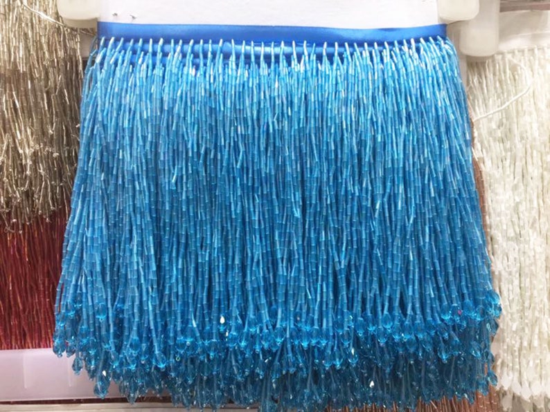 Dangling Fringe trim,Beaded Fringe Trim,Heavy Bead Trimming for Dance Costumes ,Party Dress Sold by 1 yard Blue