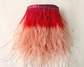 Ombre Ostrich Feather Fringe Trim, Red to Peach Pink Feather Ribbon for Dress Making, Millinery, Halloween Costume, Crafts 4-6"