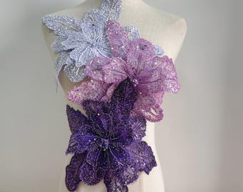 3D Flower Lace Applique, Beaded Sequin Floral Patch, Large Flower Motif for Bridal Wedding Dress, Evening Gown, DIY Couture Crafts