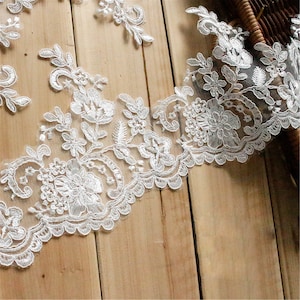 Off-White Corded Floral Lace Trim Embroidery Sewing Lace Edging Scalloped Edge for Wedding Dress Prom Gown 6.3 inches Width Sold by 1 Yard