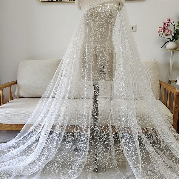 51" Off White Sequins Vine Leaf Embroidery Bridal Dress Lace Fabric DIY Custom Dress For Wedding Bridal Dress, Gown Bodices Sold By Yard