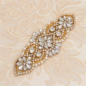 Rhinestone Garter Applique Hot Fixed Crystal Pearl Patch for Wedding Application Dress Belt Head band making Gold
