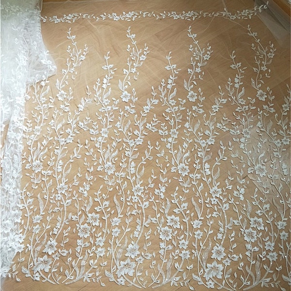Vine Leaves Embroidery Lace Fabric, Embroidery Off White  Lace Mesh Fabrics, for Bridal Dress ,Wedding Gown 53 inches Width Sold By Yard