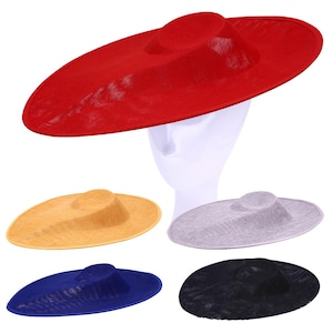 May include: A collection of wide-brimmed hats in various colors, including red, yellow, blue, gray, and black. Each hat features a circular crown and a large, flat brim. The hats are displayed on a white mannequin head.