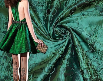 グリーン 57 インチ 花柄刺繍 ジャカード生地 エンボス ジャカード ブロケード ジャカード生地 オートクチュール コスチューム用 1 ヤードあたり